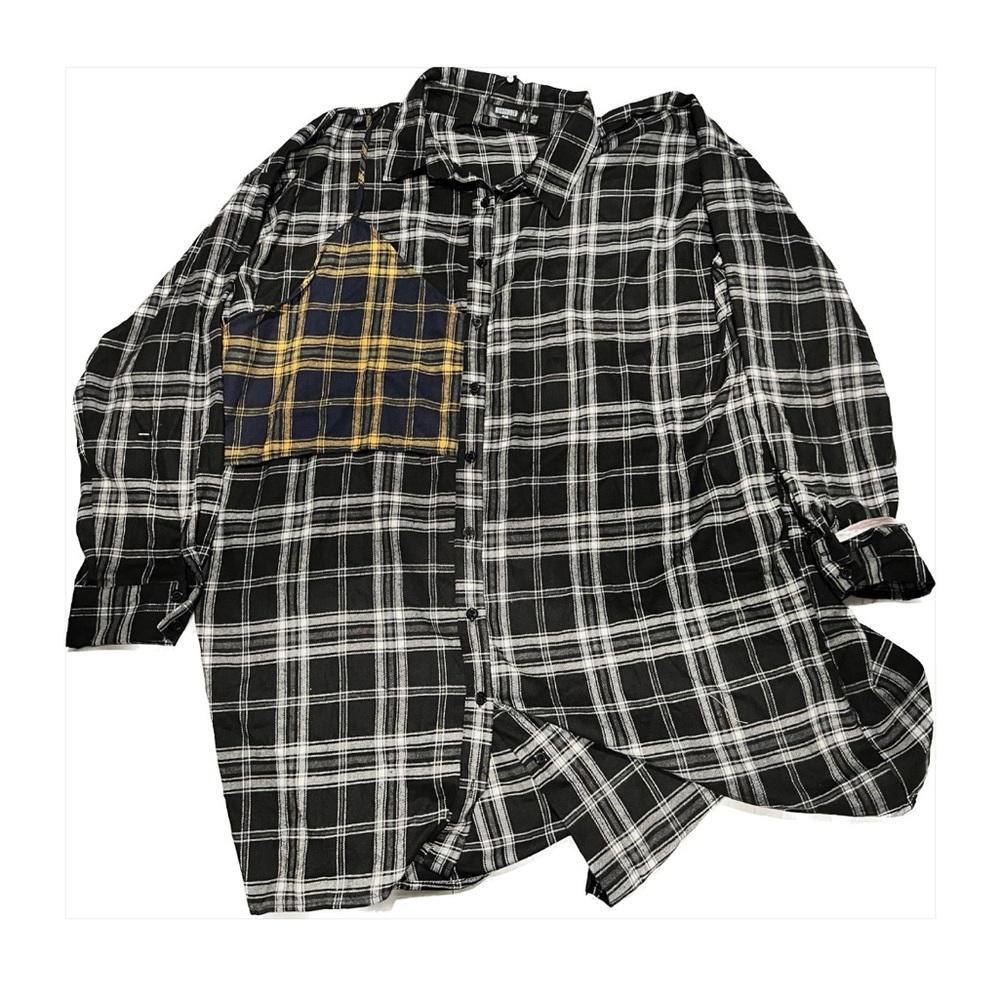 Plus Size Black Mix Plaid Asymmetric Shirt Dress